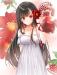  1girl arm_behind_back bangs bare_shoulders black_hair blush breasts cleavage closed_mouth collarbone detached_sleeves dress eyebrows_visible_through_hair flower food fruit hair_flower hair_ornament highres long_hair looking_at_viewer medium_breasts mole mole_under_eye original pomegranate pora_0918 red_eyes red_ribbon ribbon short_sleeves smile solo standing white_dress 