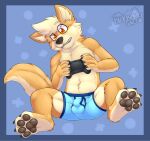  anthro black_pawpads blue_clothing blue_underwear bulge canid canine canis chest_tuft claws clothing controller crotch_focus cute_fangs dingo eyebrows fur game_controller gaokun genital_outline head_tilt hi_res male mammal navel neck_tuft orange_eyes pawpads paws plantigrade sheath_outline simple_background solo tan_body tan_fur teeth toe_claws tuft underwear watermark 