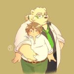  1:1 2021 anthro baku_hosamo belly bottomwear clothing duo eyewear glasses human kemono leib_(tas) male mammal necktie overweight overweight_male pants polar_bear protagonist_(tas) shirt simple_background smoking tokyo_afterschool_summoners topwear ursid ursine video_games 