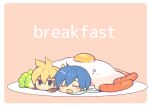  2boys =_= bacon black_sleeves blonde_hair blue_hair blue_scarf border chibi commentary english_text eyebrows_visible_through_hair food fried_egg green_eyes in_food kagamine_len kaito lettuce male_focus multiple_boys open_mouth pink_background plate sausage scarf short_hair simple_background sinaooo single_tear spiked_hair symbol_commentary unamused upper_body vocaloid yawning 