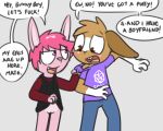 5:4 andromorph anthro blush clothed clothing da_silva english_text fur genitals hair intersex intersex/male jimmy_(pokefound) male pokefound pussy sonny_boop text 