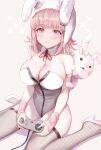  1girl absurdres animal_ears animal_hood armlet bangs bare_shoulders blunt_bangs blush breasts bunny_ears bunny_hood cleavage controller danganronpa_(series) danganronpa_2:_goodbye_despair detached_collar eyebrows_visible_through_hair fake_animal_ears fishnet_legwear fishnets flipped_hair game_controller groin hair_ornament highres hood karapp0 large_breasts leotard light_brown_hair looking_at_viewer medium_hair mole mole_on_breast monomi_(danganronpa) nanami_chiaki neck_ribbon official_alternate_costume pink_eyes playboy_bunny red_ribbon ribbon shiny shiny_hair shoes short_hair sitting spaceship_hair_ornament thighhighs wariza white_footwear 