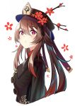  1girl absurdres black_headwear brown_hair chinese_clothes cropped_torso floral_print flower from_side genshin_impact hat highres hu_tao kuma-ra long_sleeves looking_at_viewer red_eyes red_flower simple_background solo symbol-shaped_pupils twintails upper_body white_background 