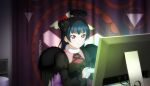  1girl bangs black_bow black_hairband black_wings blue_hair blurry blurry_background bow closed_mouth controller earrings fake_halo game_controller hair_bow hair_bun hairband highres holding holding_controller holding_game_controller indoors jewelry long_hair love_live! love_live!_sunshine!! red_eyes shiny shiny_hair sitting smile solo tsushima_yoshiko wings 