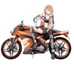  1girl bangs breasts cleavage earrings feather_earrings feathers gradient_hair green_hair ground_vehicle highres hololive hololive_english jacket jewelry knee_guards kuroi_enpitsu midriff motor_vehicle motorcycle multicolored_hair one_eye_closed orange_hair purple_eyes shin_guards shorts simple_background solo sports_bra takanashi_kiara virtual_youtuber white_background 