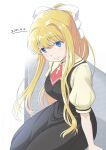  1girl air black_dress blonde_hair blue_eyes commentary_request dated dress hair_ribbon highres kamio_misuzu long_hair looking_at_viewer mimofu_(fullhighkick) neckerchief ponytail red_neckwear ribbon school_uniform simple_background skirt solo white_background yellow_skirt 