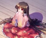  1girl bangs black_hair covered_mouth eyebrows_visible_through_hair full_body hands_together hime_cut houraisan_kaguya isu_(is88) japanese_clothes kimono long_hair long_sleeves pink_kimono red_eyes red_skirt sitting skirt sleeves_past_fingers sleeves_past_wrists solo touhou very_long_hair wide_sleeves 