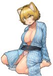  1girl :o absurdres animal_ear_fluff animal_ears bad_feet bangs barefoot blonde_hair blush breasts chanta_(ayatakaoisii) cleavage collarbone eyebrows_visible_through_hair fox_ears full_body highres japanese_clothes kimono large_breasts looking_at_viewer navel no_hat no_headwear no_tail open_mouth panties short_hair simple_background sitting slit_pupils solo sweat toes touhou underwear wariza white_background white_panties yakumo_ran yellow_eyes yukata 