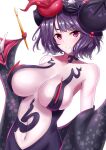  1girl bare_shoulders black_hair blush breasts collarbone commentary_request double_bun fate/grand_order fate_(series) hair_ornament hands_up highres katsushika_hokusai_(fate) large_breasts looking_at_viewer navel pen pink_eyes sankakusui short_hair simple_background smile solo 