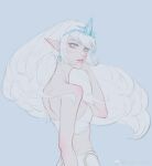  1girl back bare_shoulders blue_background blue_eyes blush earrings highres janna_windforce jewelry league_of_legends light_blue_eyes light_blush long_hair looking_at_viewer looking_back lucky_strike_(artist) parted_lips pointy_ears simple_background single_earring sketch solo tiara white_hair 