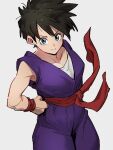  1girl black_hair blue_eyes closed_mouth collarbone cosplay dragon_ball dragon_ball_z grey_background hand_on_hip kemachiku looking_at_viewer short_hair simple_background smile solo son_gohan son_gohan_(cosplay) videl 