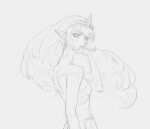  1girl back bare_shoulders blush earrings grey_background greyscale highres janna_windforce jewelry league_of_legends light_blush long_hair looking_at_viewer looking_back lucky_strike_(artist) monochrome parted_lips pointy_ears simple_background single_earring sketch solo tiara 