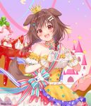  1girl :d animal_ears bone_hair_ornament braid brown_hair cake castle cherry choker commentary cowboy_shot cream crown detached_sleeves dog_ears dog_tail dress eyebrows_visible_through_hair fangs food frilled_dress frilled_gloves frills fruit fukahire_(ruinon) gloves gold_trim hair_ornament heart heart_hair_ornament heart_hands highres hololive inugami_korone open_mouth red_eyes ribbon ribbon_braid smile star_(symbol) star_hair_ornament strapless strapless_dress strawberry striped striped_ribbon tail twin_braids twitter_username upper_teeth white_gloves yellow_dress 