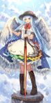  1girl :d angel_wings bangs black_headwear blue_hair blue_skirt blush boots bow bowtie breasts brown_footwear center_frills cloud cloudy_sky commentary_request day eyebrows_behind_hair floating_island frills full_body hat hinanawi_tenshi knee_boots light_rays long_hair looking_at_viewer ookashippo open_mouth outdoors petticoat planted_sword planted_weapon puffy_short_sleeves puffy_sleeves red_bow red_eyes red_neckwear shirt short_sleeves skirt sky small_breasts smile solo standing sunlight sword sword_of_hisou touhou very_long_hair weapon white_shirt wings 
