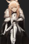  1girl ;) animal_ear_fluff animal_ears arknights armor armored_boots bangs black_background blemishine_(arknights) blonde_hair boots breastplate cape extra_ears full_body fur_trim greaves hand_on_own_knee highres horse_ears horse_girl ichika_(ichika87) kingdom_of_kazimierz_logo long_hair looking_at_viewer one_eye_closed plate_armor sitting smile solo vambraces weapon yellow_eyes 