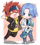  2boys ^_^ artist_name big_cat_shan blue_eyes blue_hair blush chibi closed_eyes collared_shirt denim fang headband highres hood hoodie jeans jumping kyan_reki langa_hasegawa male_focus multiple_boys open_mouth pants red_hair shirt sk8_the_infinity skateboard smile 