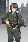  1girl absurdres bangs brown_eyes brown_hair english_commentary germany gun highres holding holding_weapon jacket keiita long_sleeves looking_at_viewer military military_uniform open_mouth original outdoors pants photo_background ppsh-41 ruins short_hair solo submachine_gun teeth uniform weapon world_war_ii 