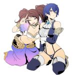  2girls arabian_clothes blue_hair blush detached_sleeves high-cut_armor highres igusaharu kujikawa_rise multiple_girls navel one_eye_closed persona persona_4 persona_4:_dancing_all_night red_hair shirogane_naoto simple_background thighhighs white_background 