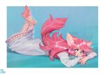  2021 anthro aruurara blue_background blue_eyes canid claws clothed clothing dress female fur hair hi_res legs_up long_hair looking_at_viewer lying mammal on_front pawpads pink_body pink_fur pink_hair shaded simple_background smile solo textless tongue tongue_out 