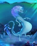  4:5 asian_mythology belly big_belly blue_body blue_eyes bubble convexpert detailed_background disney dragon east_asian_mythology eastern_dragon female feral fin half-closed_eyes hi_res horn long_body looking_at_self looking_down mane mythology narrowed_eyes pregnant raya_and_the_last_dragon sisu_(ratld) smile solo swimming tail_fin underwater water 