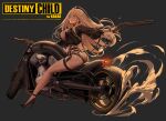  1girl aiming ass black_footwear black_jacket blonde_hair bracelet breasts cleavage collar dark_background destiny_child eyebrows_visible_through_hair full_body ground_vehicle gun high_heels highres holding holding_gun holding_weapon jacket jewelry kubaba_(destiny_child) large_breasts legs long_hair long_sleeves looking_back motor_vehicle motorcycle official_art open_clothes open_jacket orange_eyes parted_lips sawed-off_shotgun shell_casing shotgun sitting sitting_on_object solo spiked_anklet spiked_bracelet spiked_collar spikes thigh_strap weapon zig90 