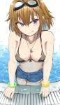  1girl absurdres bikini bikini_top black_bikini blue_shorts breasts brown_hair dog_tags eyewear_on_head girls_frontline grizzly_mkv_(girls_frontline) highres kuzumotsu licking_lips medium_breasts navel pool poolside purple_eyes short_hair short_shorts shorts solo swimsuit tongue tongue_out wet 