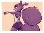  2021 anthro border bottomwear clothed clothing ear_tuft female fluffy fluffy_tail fully_clothed hi_res mammal qalcove qalcove_(character) rodent sciurid shirt shorts simple_background solo tan_background tank_top topwear tuft white_border 