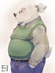  2021 anthro bottomwear brown_nose clothing eyewear fur glasses hi_res kemono leib_(tas) lhjal2 male mammal overweight overweight_anthro overweight_male pants polar_bear shirt smoking solo tokyo_afterschool_summoners topwear ursid ursine video_games white_body white_fur 