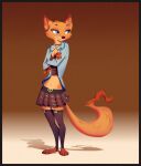  &lt;3 &lt;3_tail absolute_territory anthro barefoot blue_eyes bottomwear breasts canid canine cleavage clothed clothing crossed_arms disney fan_character feet female fox jewelry leggings legwear mammal megan_fawkes midriff necklace ruffu skirt smile solo zootopia 