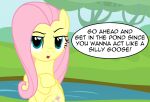  badumsquish blue_eyes crossed_arms crossed_hooves dialogue english_text equid equine female feral fluttershy_(mlp) friendship_is_magic hasbro hi_res looking_at_viewer mammal my_little_pony pegasus pond solo text unamused wings 