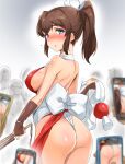  1girl absurdres blue_eyes blush breasts brown_hair cellphone_picture cosplay echihiro fan fatal_fury folding_fan highres idolmaster idolmaster_million_live! ponytail revealing_clothes satake_minako shiranui_mai shiranui_mai_(cosplay) the_king_of_fighters thong 