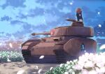  1girl brown_hair caterpillar_tracks cloud commentary_request emblem evening field flower flower_field girls_und_panzer ground_vehicle jack_hamster military military_vehicle motor_vehicle nishizumi_miho ooarai_(emblem) ooarai_military_uniform panzerkampfwagen_iv short_hair sitting sky solo tank 