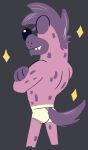  anthro black_nose briefs butt clothing fur goronic grey_background hair hands_crossed hi_res hyaenid male mammal mohawk purple_body purple_fur purple_hair simple_background spotted_hyena teeth_showing tighty_whities underwear white_clothing white_underwear 