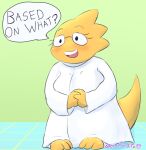  alphys anthro barefoot big_breasts blush breasts buckteeth clasped_hands clothed clothing coat dialogue english_text eyewear feet female front_view fully_clothed glasses hi_res inside lab_coat lizard looking_at_viewer meme morapandita non-mammal_breasts open_mouth open_smile pigeon_toed reptile scales scalie signature smile solo speech_bubble standing teeth text thick_tail topwear undertale video_games yellow_body yellow_scales 