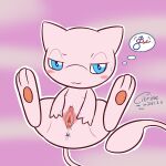  1:1 anus blue_eyes blush bodily_fluids citrine_(artist) female feral gender_symbol genital_fluids genitals half-closed_eyes legendary_pok&eacute;mon legs_up looking_at_viewer lying mew narrowed_eyes nintendo on_back pink_background pink_body pok&eacute;mon pok&eacute;mon_(species) pussy pussy_juice simple_background solo spread_legs spread_pussy spreading symbol video_games ♀ ♂ 