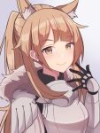  1girl animal_ear_fluff animal_ears arknights armor bangs black_ribbon blemishine_(arknights) blonde_hair blush breastplate commentary_request eyebrows_visible_through_hair hand_up highres horse_ears horse_girl long_hair looking_at_viewer pauldrons ribbon sanukiske shoulder_armor sideways_glance smile solo twintails upper_body yellow_eyes 