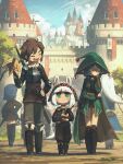  2boys 4girls :i absurdres alcohol animal_ears armor bangs banner belt belt_pouch black_footwear blue_hair blunt_bangs boots bottle braid breastplate brown_hair brown_pants brown_shirt castle cloak day dirt_road earrings flag full_body glasses green_cloak green_eyes green_headwear green_jacket height_difference highres holding jacket jewelry long_hair medium_hair multiple_boys multiple_girls original outdoors pants paper porforever pouch road round_eyewear sheath sheathed shirt skirt smile sword tail tree twin_braids walking weapon white_hair 