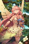  1girl artist_name bangs bare_shoulders blue_eyes breasts brown_wings commentary day dragalia_lost dragon dress english_commentary eyebrows_visible_through_hair flower hair_between_eyes hentaki highres holding holding_sword holding_weapon long_hair looking_away looking_to_the_side notte_(dragalia_lost) object_hug outdoors parted_lips pink_hair pleated_dress small_breasts strapless strapless_dress sword v-shaped_eyebrows very_long_hair watermark weapon web_address white_dress white_flower wings 