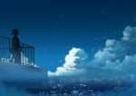  1girl absurdres blue_sky building city cityscape cloud commentary_request condensation_trail cumulonimbus_cloud day hati_98 highres house mixed-language_commentary mountain original outdoors rooftop scenery silhouette sky solo standing tokyo_(city) 
