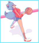  absurd_res anthro basketball bottomwear brand_new_animal canid canine clothing diaper diaper_bulge diver_(artist) dribbling female footwear hi_res hotpants humanoid jacket looking_at_viewer mammal michiru_kagemori open_mouth raccoon_dog shadow shoes shorts solo sport spread_legs spreading standing studio_trigger tanuki topwear 