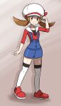  1girl blush brown_eyes brown_hair closed_mouth commentary eyelashes full_body hand_on_headwear hat highres knees long_hair looking_at_viewer lyra_(pokemon) omoitsuka overalls pokemon pokemon_(game) pokemon_hgss red_footwear red_shirt shiny shiny_skin shirt shoes sleeves_past_elbows smile solo standing thighhighs twintails white_headwear white_legwear 