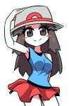  1girl arm_up blue_shirt blush_stickers breasts brown_eyes brown_hair bucket_hat closed_mouth commentary eyelashes grey_headwear hands_on_headwear hat leaf_(pokemon) long_hair looking_at_viewer omoitsuka outline pokemon pokemon_(game) pokemon_frlg red_skirt shirt skirt sleeveless sleeveless_shirt smile solo 