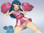  1girl ;d armpits bangs bare_arms blue_eyes blue_hair blush cheerleader collarbone dawn_(pokemon) from_below gen_4_pokemon grey_background hair_ornament hairclip hands_up holding holding_pom_poms knees looking_at_viewer navel one_eye_closed open_mouth panties pink_shirt pink_skirt piplup pokemon pokemon_(anime) pokemon_(creature) pokemon_dppt_(anime) pom_poms shirt sidelocks skirt sleeveless sleeveless_shirt smile socks spread_legs starter_pokemon stupa13a tongue underwear white_legwear white_panties 