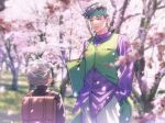  2boys :d backpack bag black_hair black_jacket blurry brown_bag buttons carrying_under_arm cherry_blossoms collared_shirt commentary_request day depth_of_field diamond_wa_kudakenai dress_shirt earrings facing_away falling_petals gakuran glint grass green_eyes green_headband green_vest grey_hair hand_in_pocket headband height_difference highres hirose_koichi jacket jewelry jojo_no_kimyou_na_bouken k_(gear_labo) kishibe_rohan long_sleeves looking_at_another looking_down male_focus multiple_boys notebook open_mouth outdoors pants petals purple_shirt school_bag school_uniform shirt short_hair smile spiked_hair standing tree untucked_shirt vest white_pants wind 