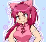  1girl animal_ears bakuten_shoot_beyblade beyblade blush bracelet breasts cat_ears chen_mao closed_mouth dress fangs jewelry long_hair pink_hair pink_shirt ponytail shirt sleeveless sleeveless_shirt solo teeth uekino_aroe yellow_eyes 