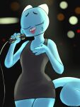  2021 3:4 anthro black_clothing black_dress blue_body blue_fur cartoon_network clothed clothing digital_media_(artwork) domestic_cat dress felid feline felis female fur hi_res lipstick makeup mammal microphone nicole_watterson solo the_amazing_world_of_gumball zambs 