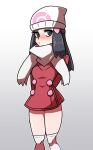  1girl arms_behind_back beanie black_hair blush closed_mouth coat commentary dawn_(pokemon) eyelashes gradient gradient_background grey_eyes hair_ornament hairclip hat legs_together long_hair looking_at_viewer omoitsuka outline over-kneehighs pokemon pokemon_(game) pokemon_dppt pokemon_platinum red_coat scarf shiny shiny_skin sidelocks solo sweatdrop thighhighs white_headwear white_legwear white_scarf 