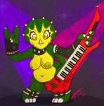  anthro big_breasts breasts ceratopsian clothed clothing dinosaur female fionthebunny hevisaurus hi_res holding_object horn keyboard_instrument keytar looking_at_viewer milli_pilli musical_instrument navel nipple_piercing nipples non-mammal_breasts ornithischian piercing reptile scalie simple_background smile solo solo_focus thick_thighs topless triceratops 