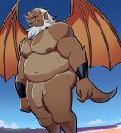  balls beard belly brown_body brown_skin disney elfein facial_hair gargoyle gargoyles genitals hi_res hudson_(gargoyles) humanoid_genitalia humanoid_penis male nipples penis solo suntan tan_line wings 