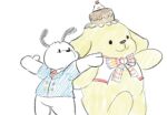  anthro cake canid canine canis clothing dessert domestic_dog duo evening_dress food hat headgear headwear male mammal necktie pochacco pointedxfinger123 pompompurin ribbons sanrio solo 